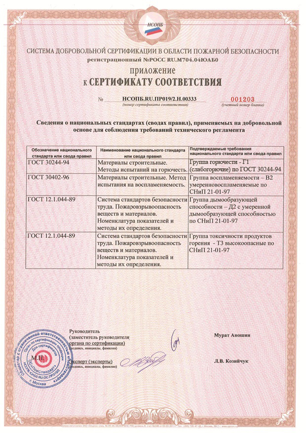 Сертификат Пожарной Безопасности на Монолитный Поликарбонат (Обратная Сторона)